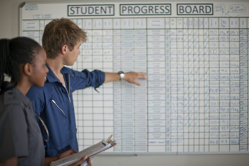 Student pilots checking progress board